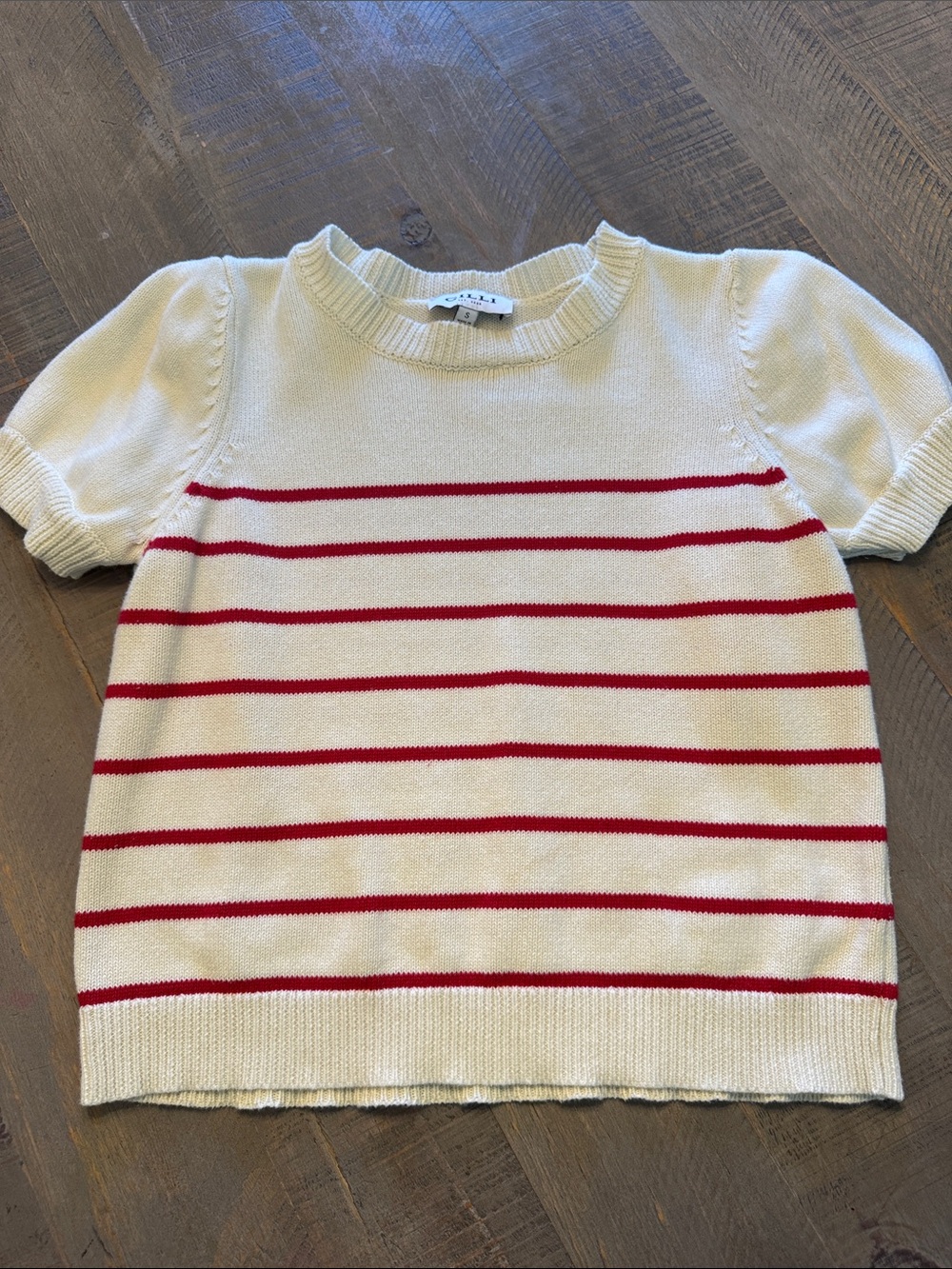 Gilli Cream Short Sleeve Sweater with Red Stripes
